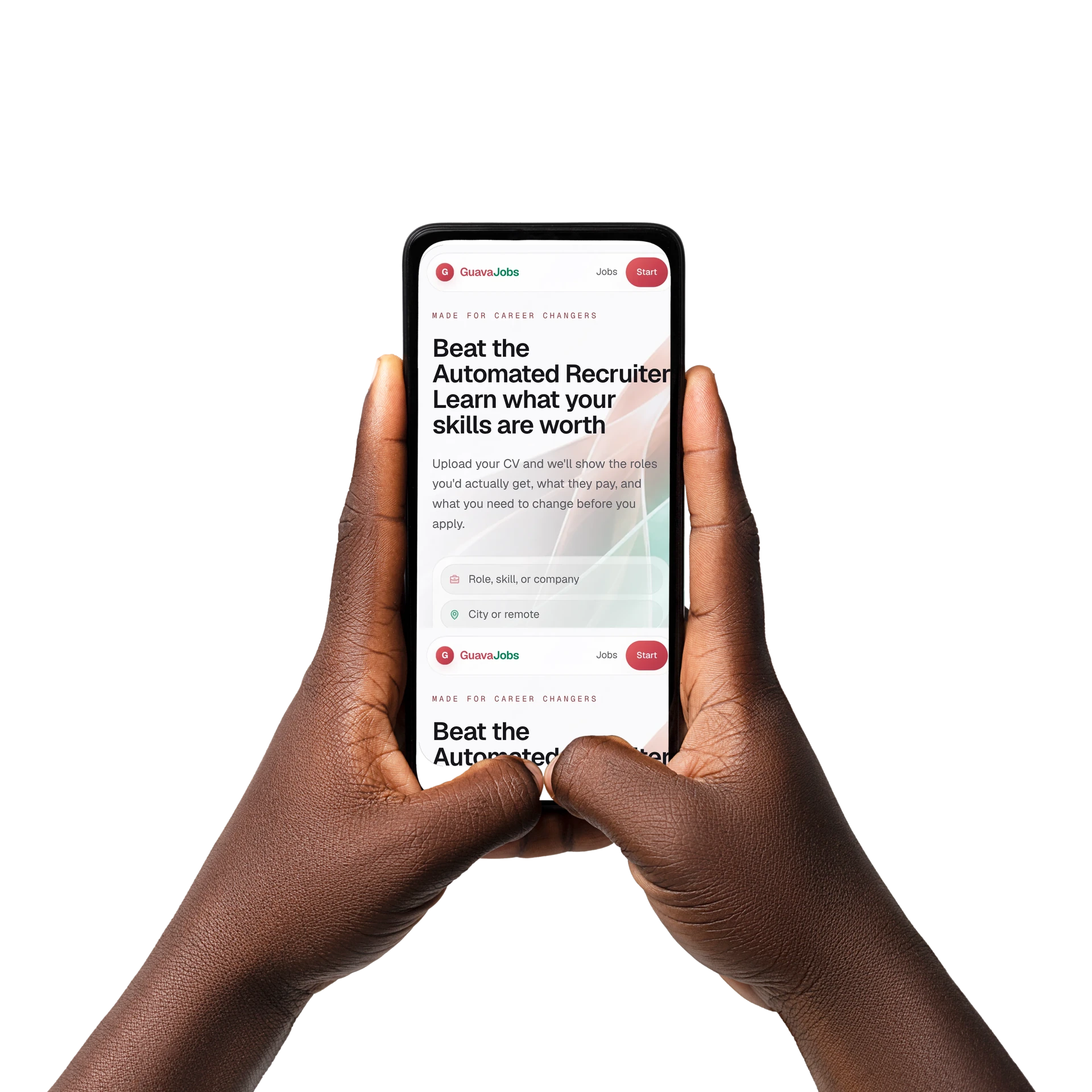 Hand holding a phone displaying a web application